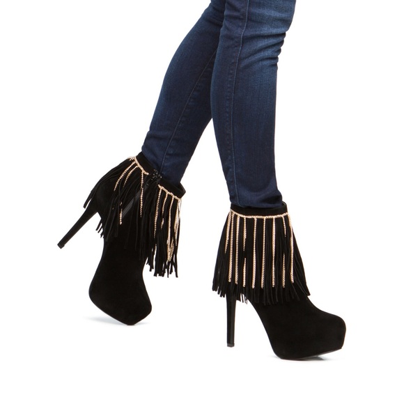 Kaylea Shoes - KAYLEA black and gold fringed boots